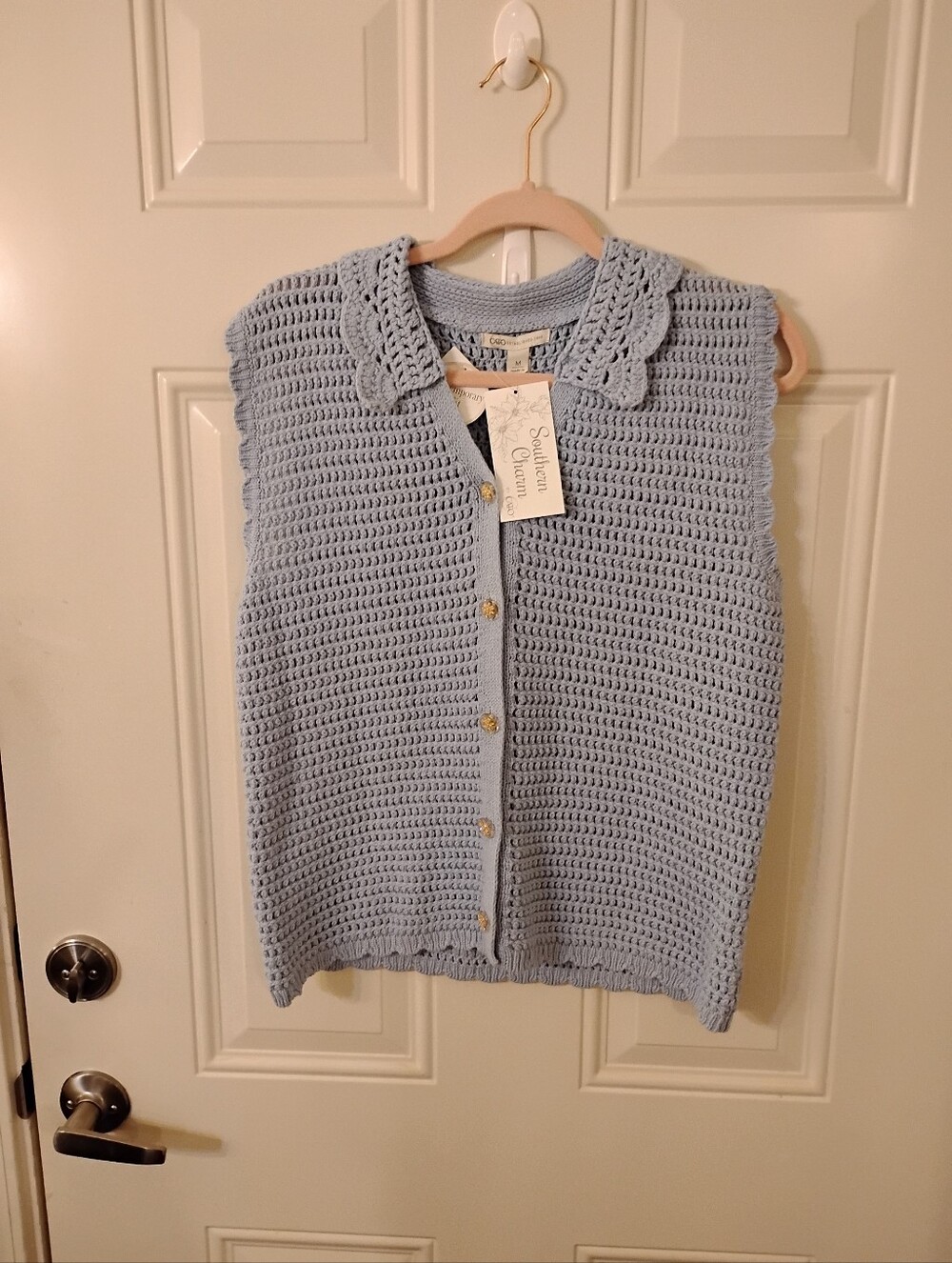 Light Blue Crochet Button-Up Sweater Vest -Cato